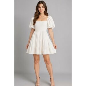 H&M Milkmaid Dress Womens‎ L White Puff Sleeve Tiered Boho Cottagecore Prairie